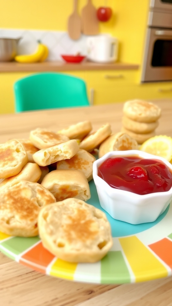 Healthy Pancakes for 8-Month-Old Babies Small pancakes made with oats and bananas, cut into bite-sized pieces, served with pureed fruit.
